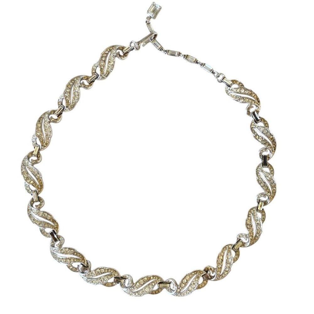 1950s Crown Trifari Clear Rhinestone Silver Tone Bib Necklace 16" Missing Stones